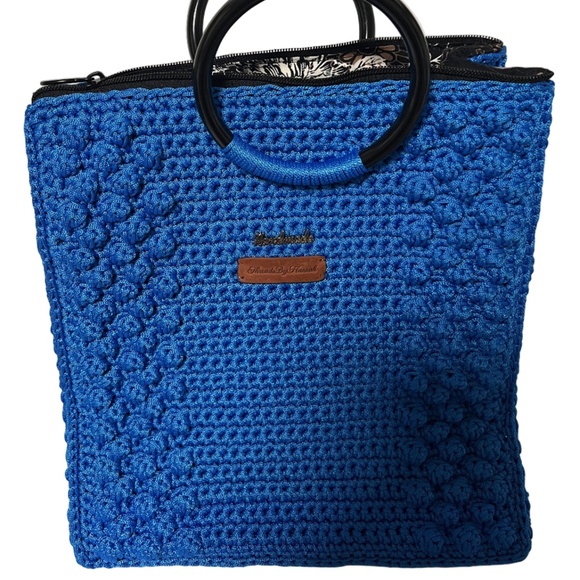 Handmade Blue Crochet Trapezoid Handbag - Picture 1 of 5